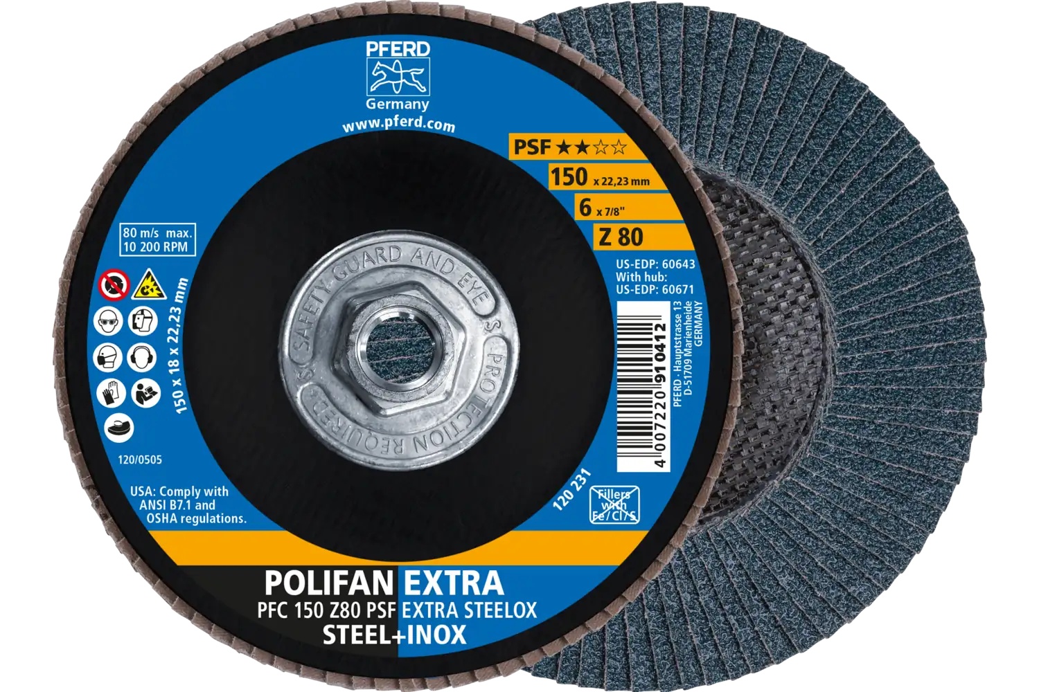 Picture of Pferd Flap Disc, 6" x 5/8-11, Z PSF Extra Steelox, 80 Grit, T29, Conical, Zirconia